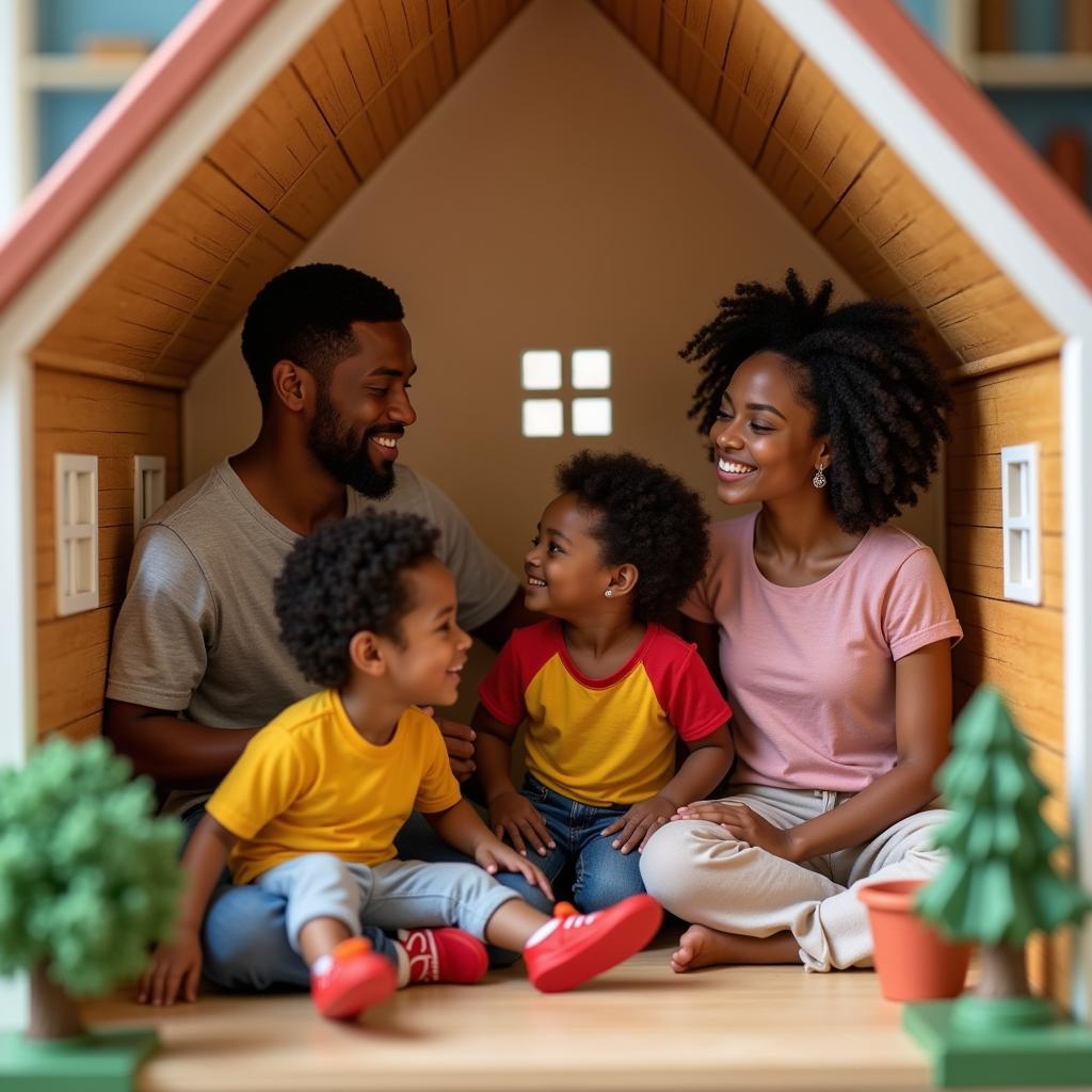 A happy African American family engaged in playtime within their dollhouse