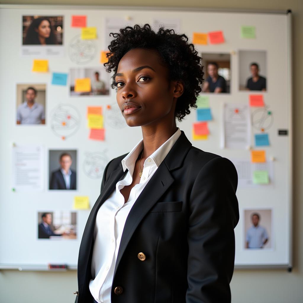 African American entrepreneur with a determined expression, gazing at a vision board filled with business goals.