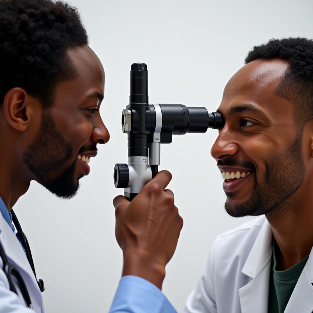 African American eye doctor examining a patient