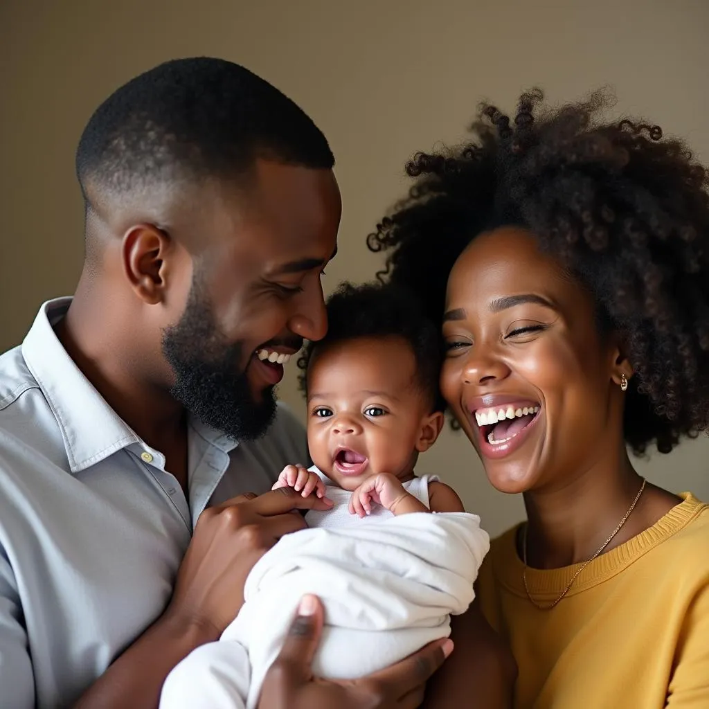 African American Family Celebrating with Newborn