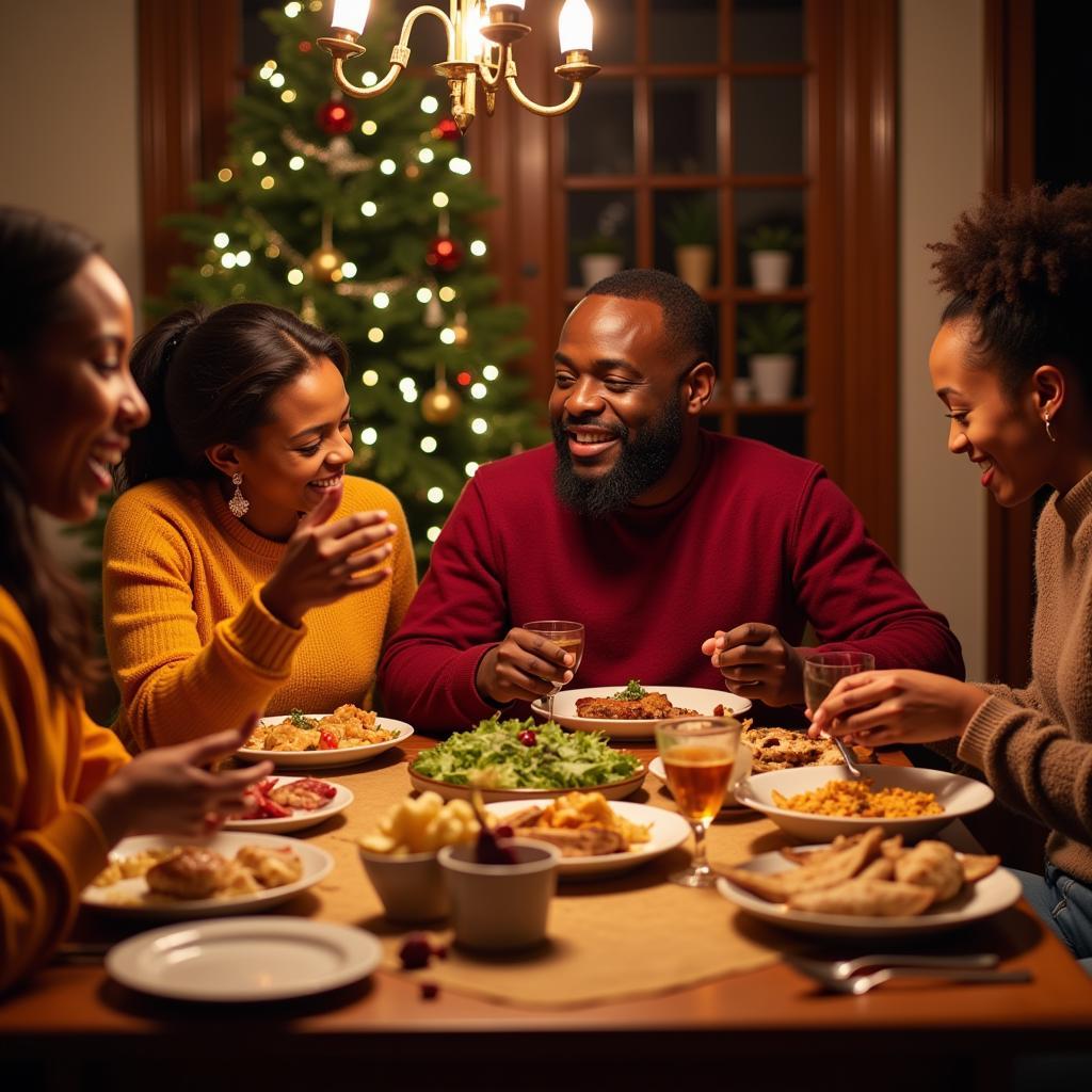 Family gathered around a table laden with food, sharing laughter and stories during a Christmas dinner celebration. 