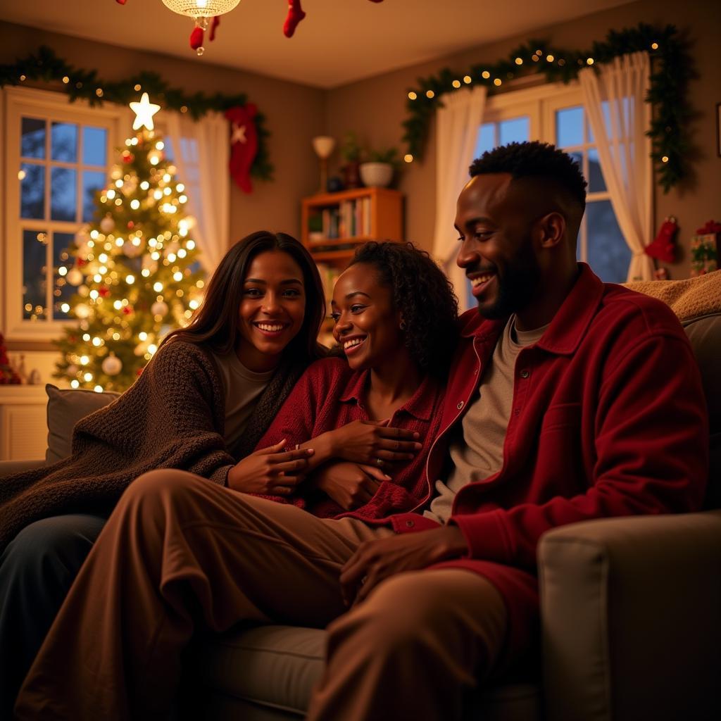 African American family enjoying Christmas movie night together