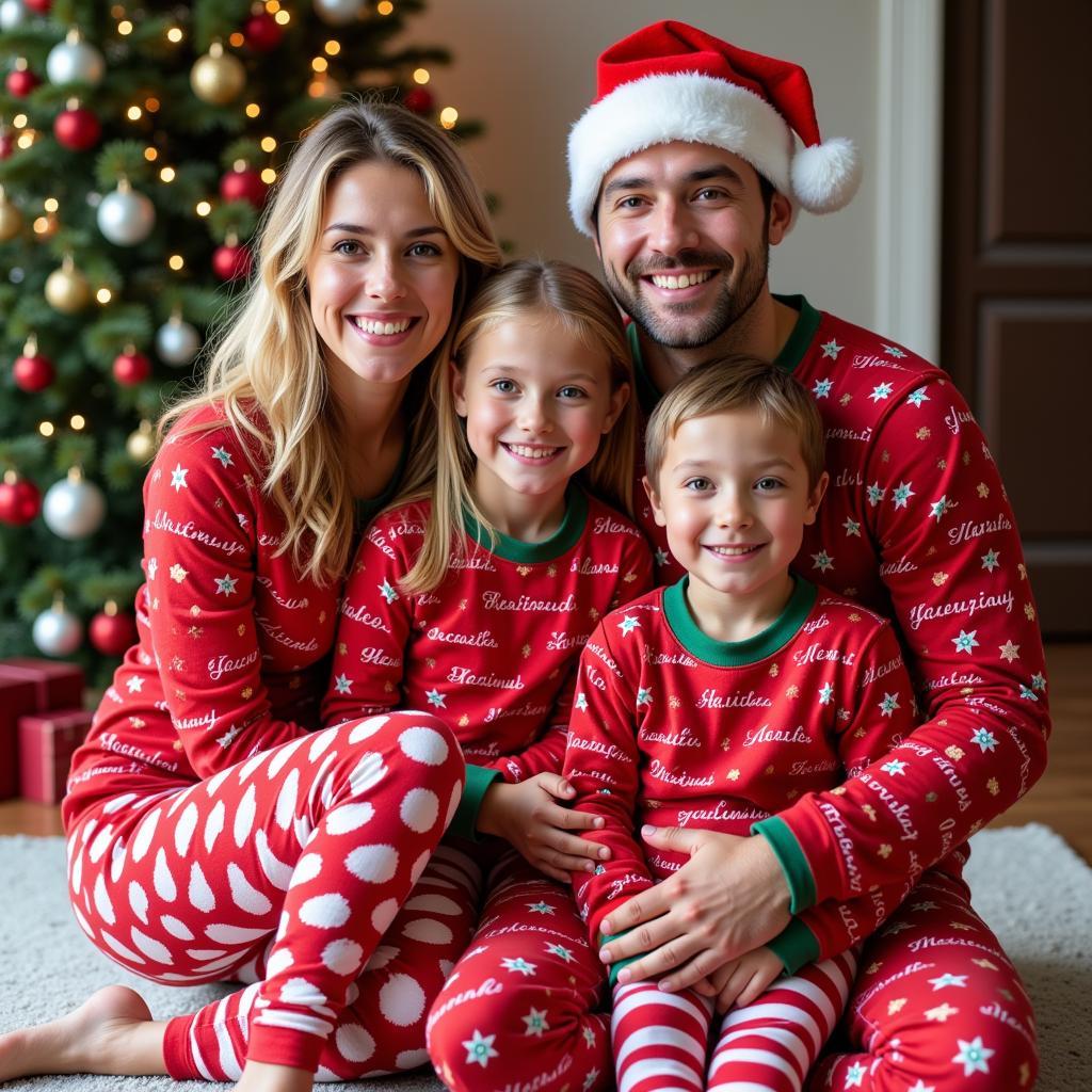 African American family posing for a Christmas photoshoot in matching pajamas