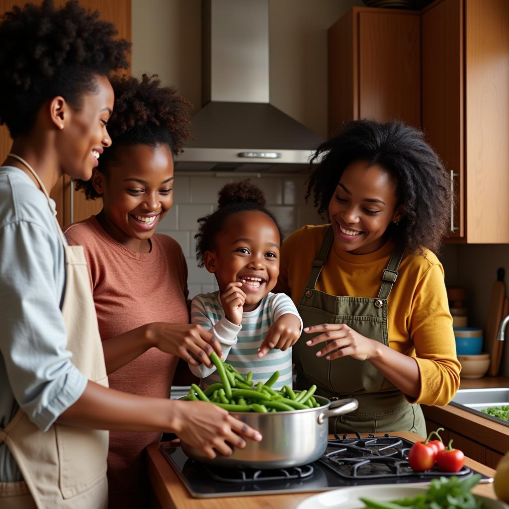 Family Cooking Green Beans Together