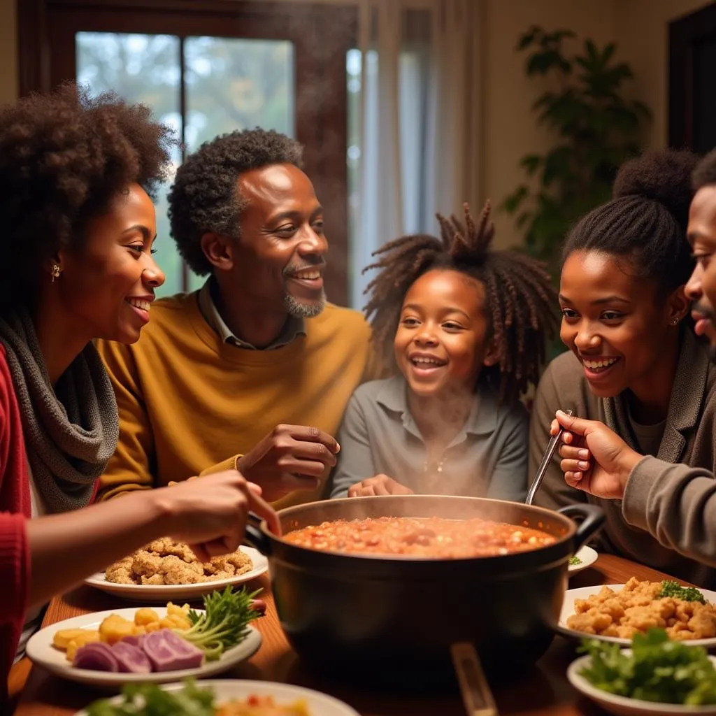 African American family enjoying a bowl of chili together.