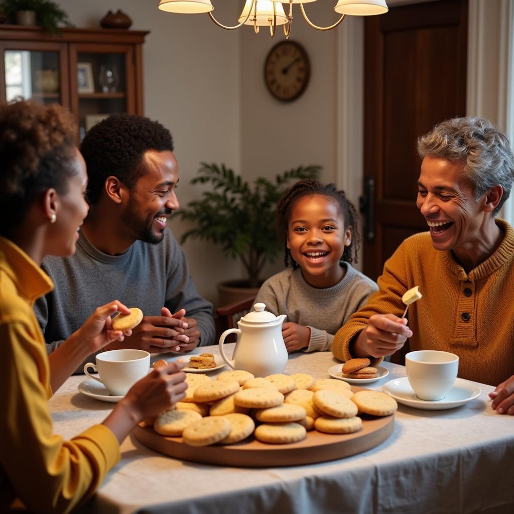 A multi-generational African American family gathered around a table, sharing laughter and enjoying tea and butter cookies.