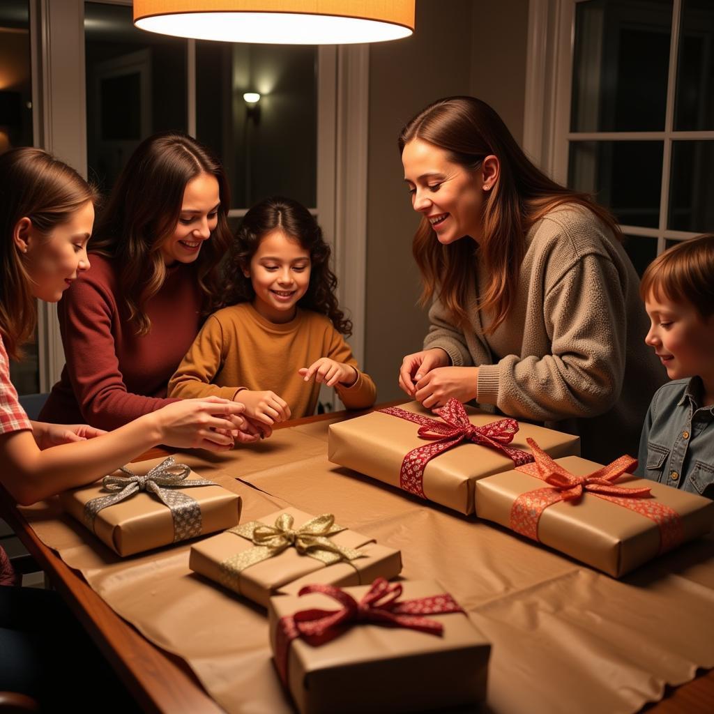 An African American family smiles as they open gifts purchased from a local Black-owned shop.