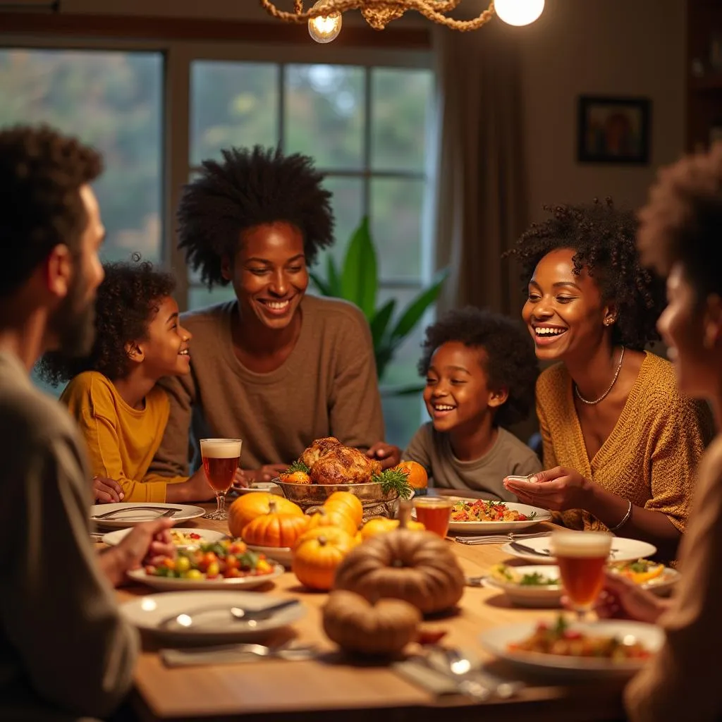 Family gathered around a table filled with traditional African American Thanksgiving food, sharing laughter and stories.