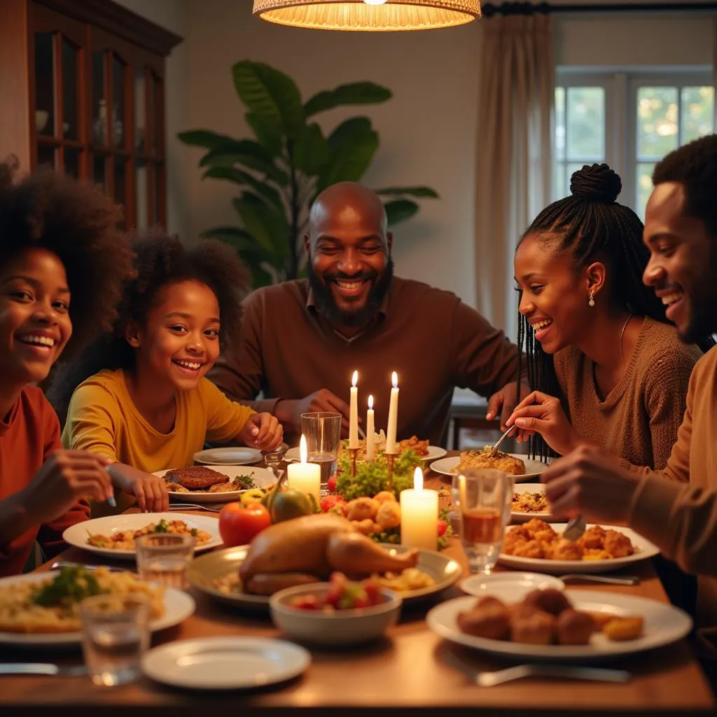 A warm and inviting scene of an African American family gathered around a table laden with traditional Thanksgiving dishes, sharing laughter and stories. 