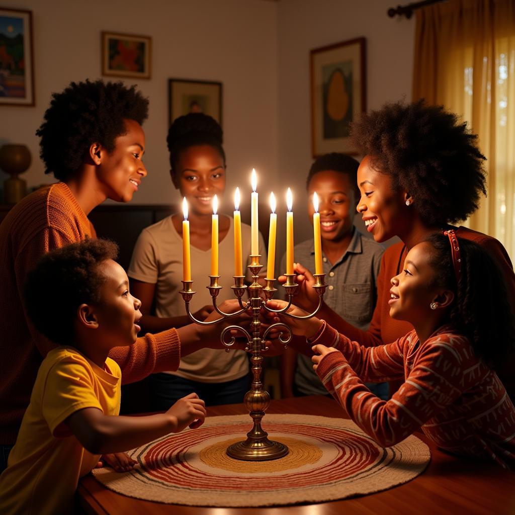 African American Family Lighting Kwanzaa Kinara