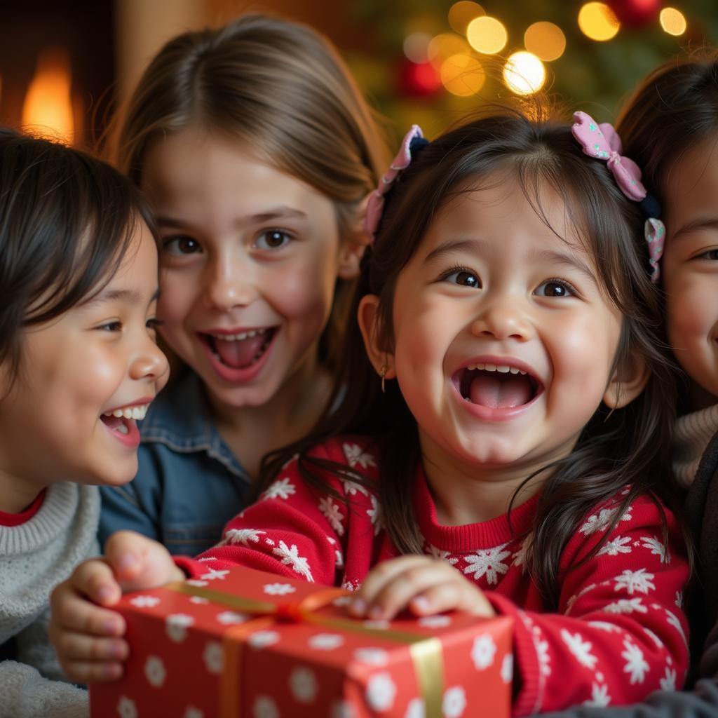 Children excitedly opening gifts on Christmas morning