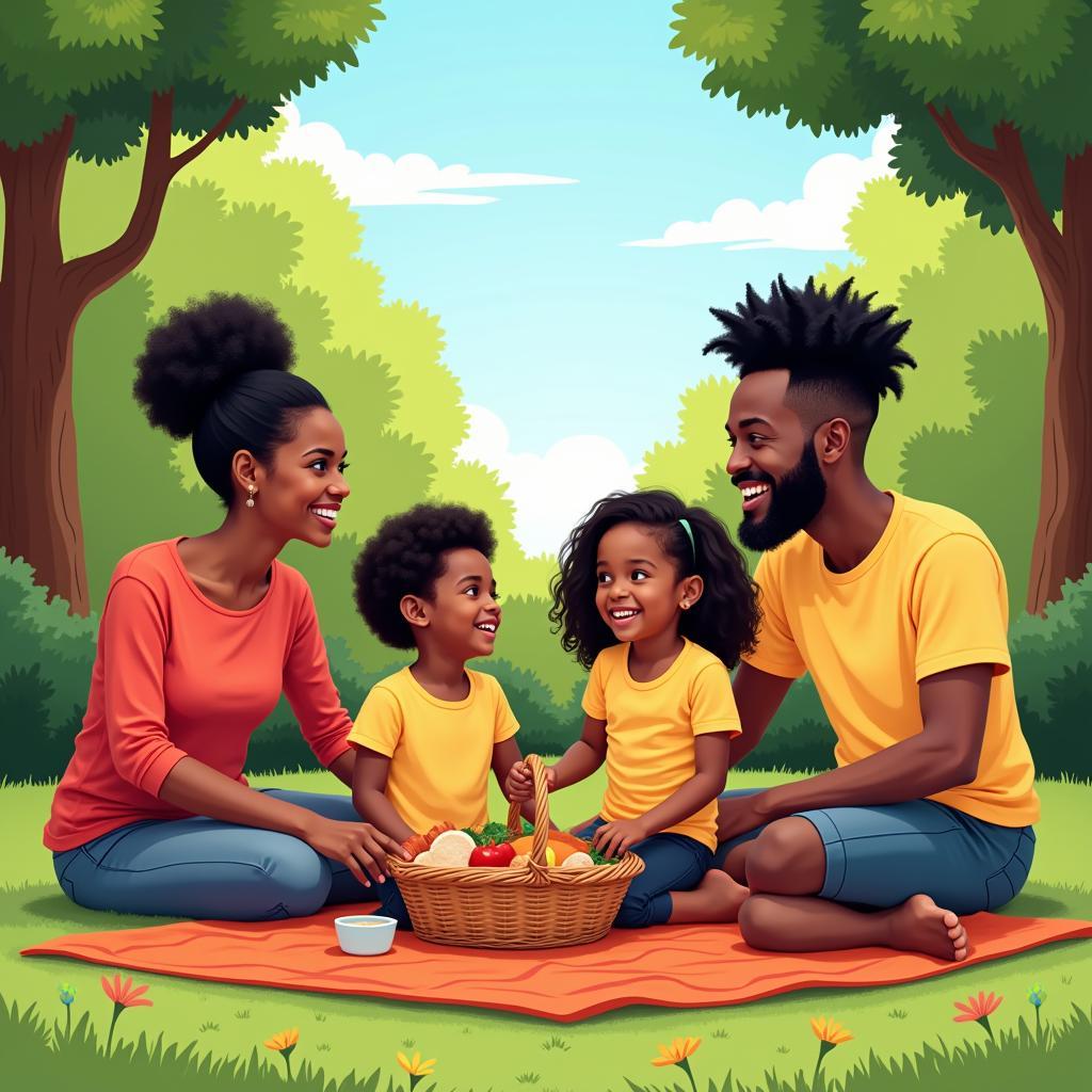 African American Family Enjoying a Picnic - Clip Art