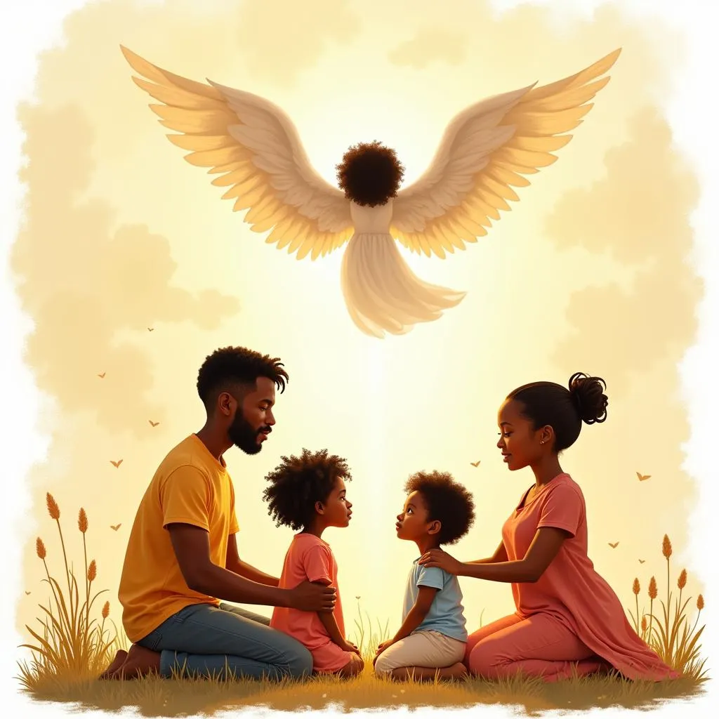 African American family praying with an angel watching over them