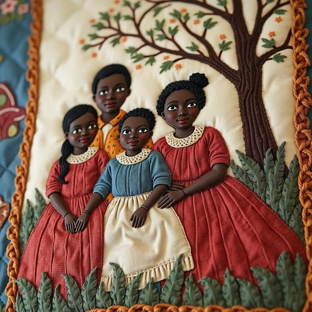 Antique Quilt with African American Family Depiction