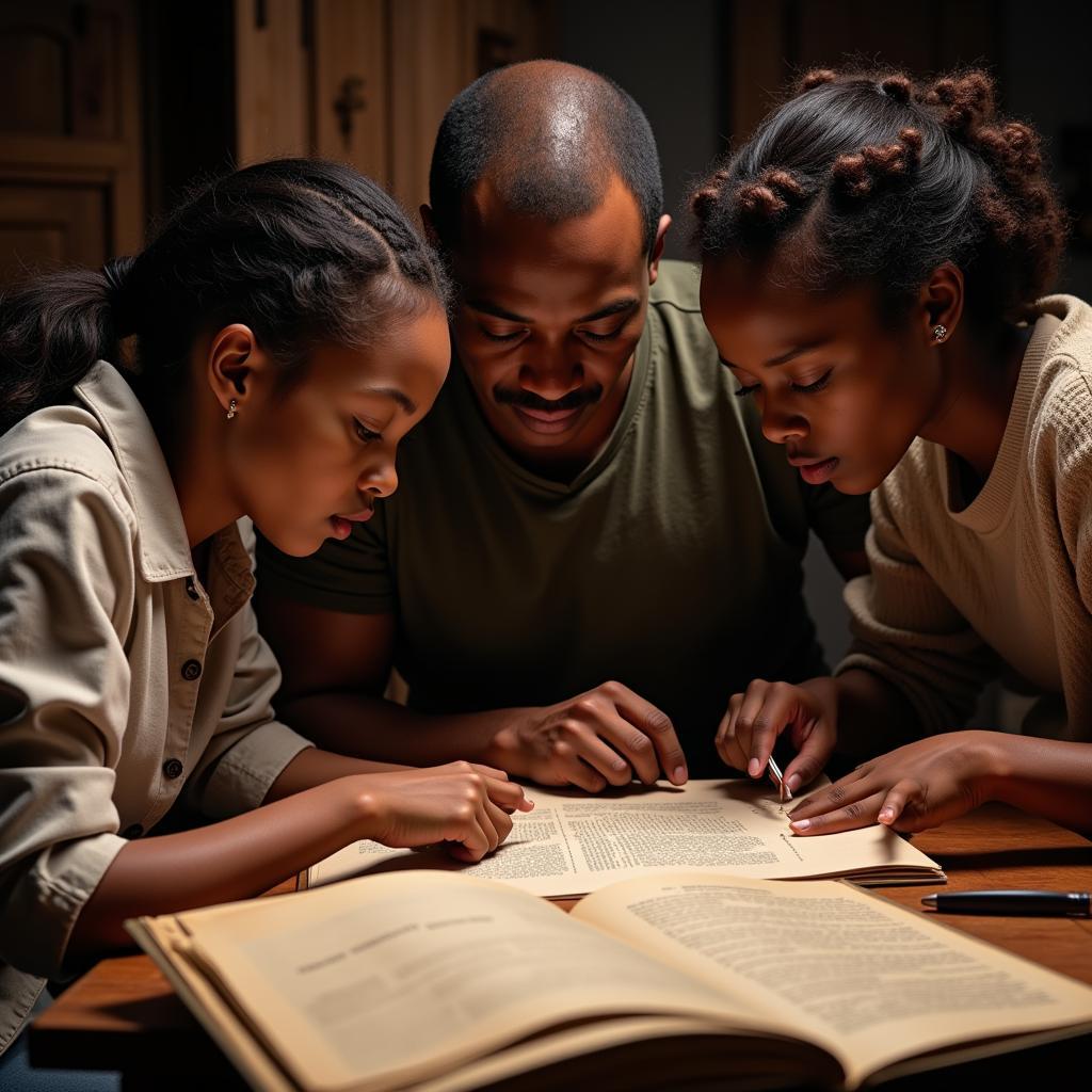 African American family researching genealogy records