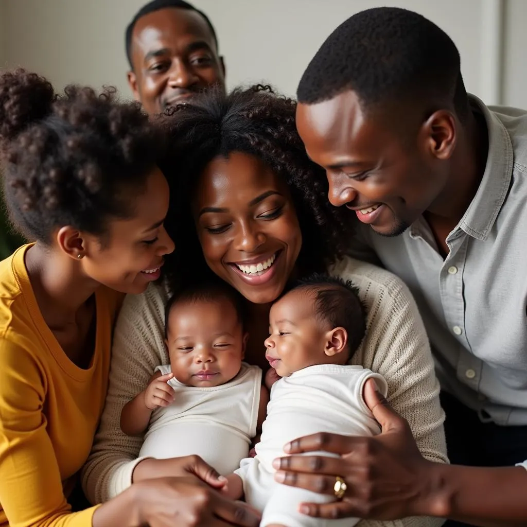 African American Family Supporting Triplets