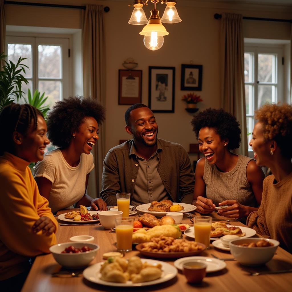 African American family enjoying Thanksgiving dinner