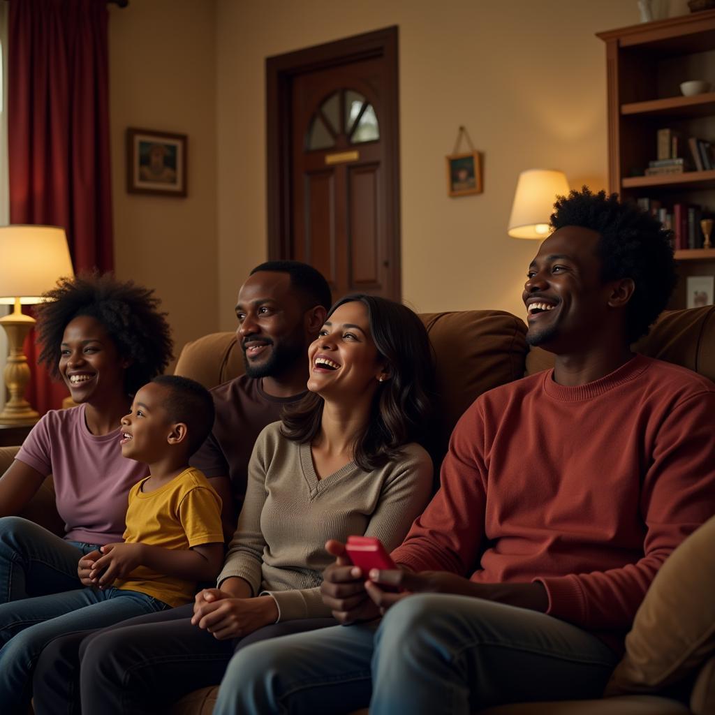 Family enjoying movie night