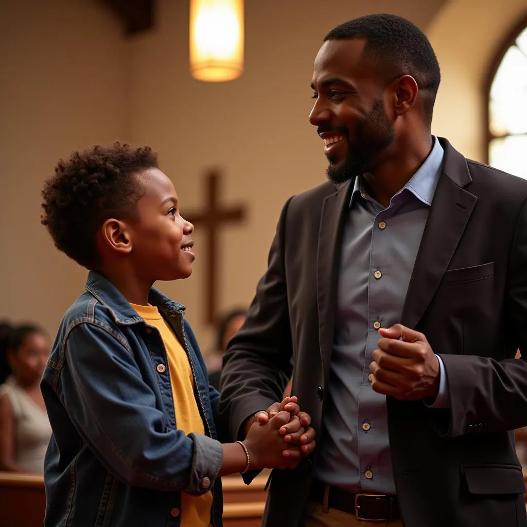 African American father and son holding hands in church