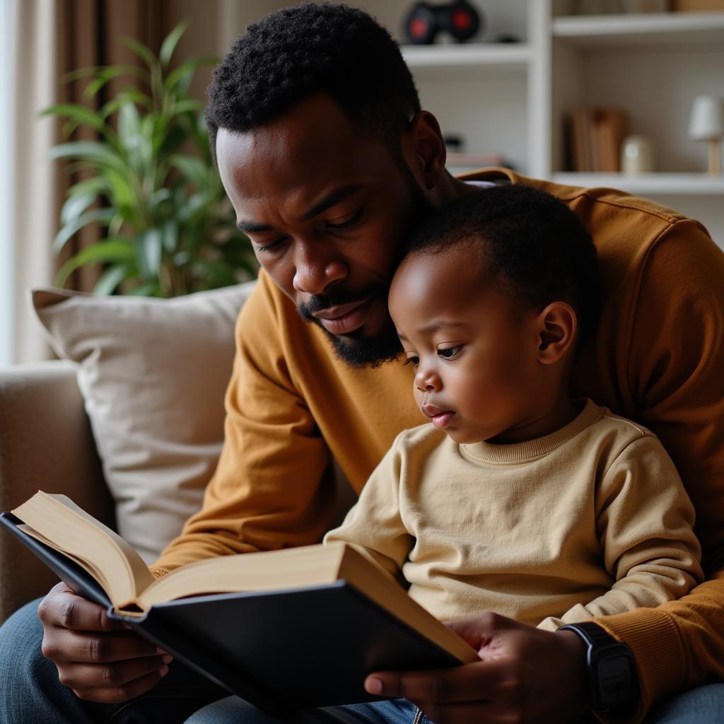 African American Father and Son Reading