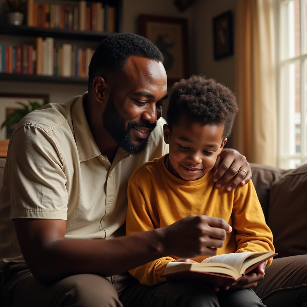 African American father and son enjoying a book together