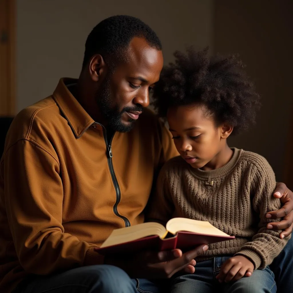 African American father reading the Bible with his son