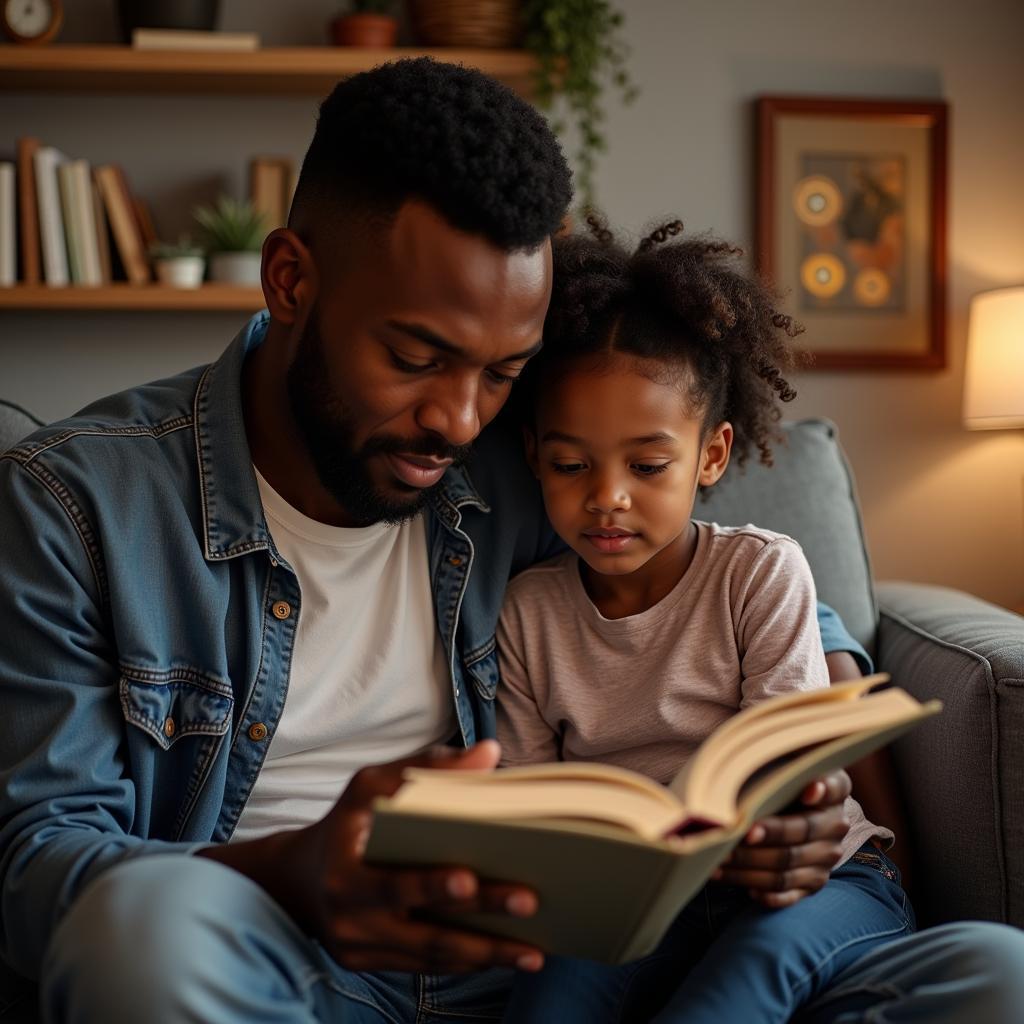 African American father reading to daughter