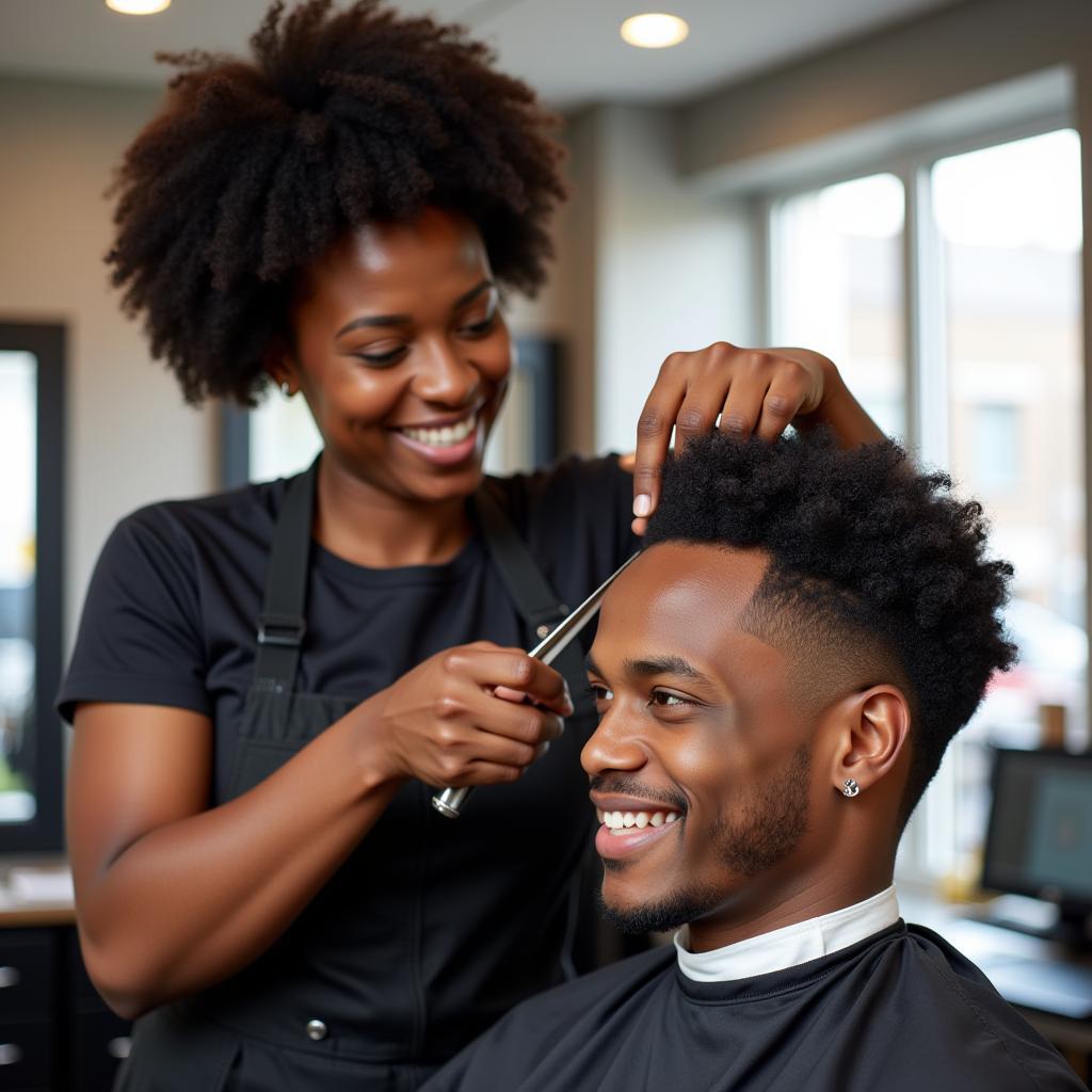 Experienced African American barber styling a client's hair