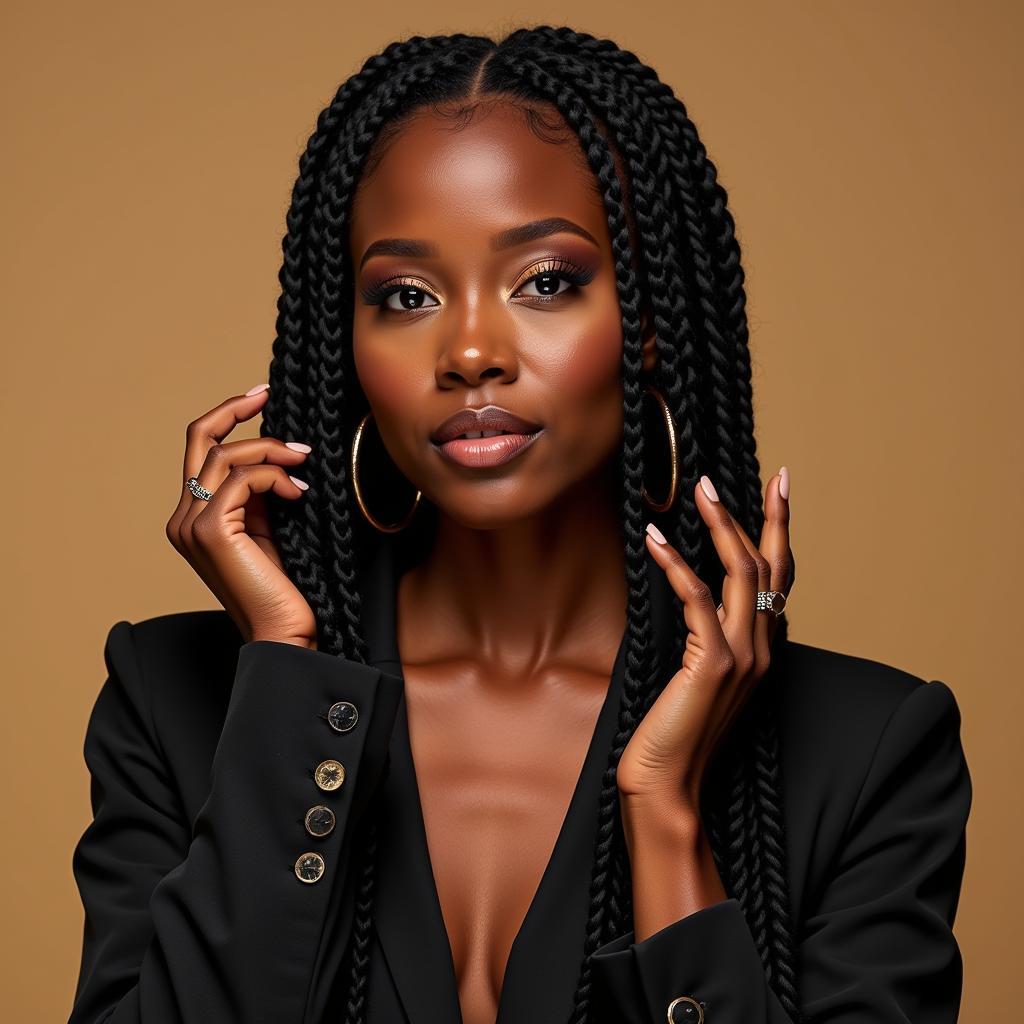 An African American female model poses for a high-fashion photoshoot.