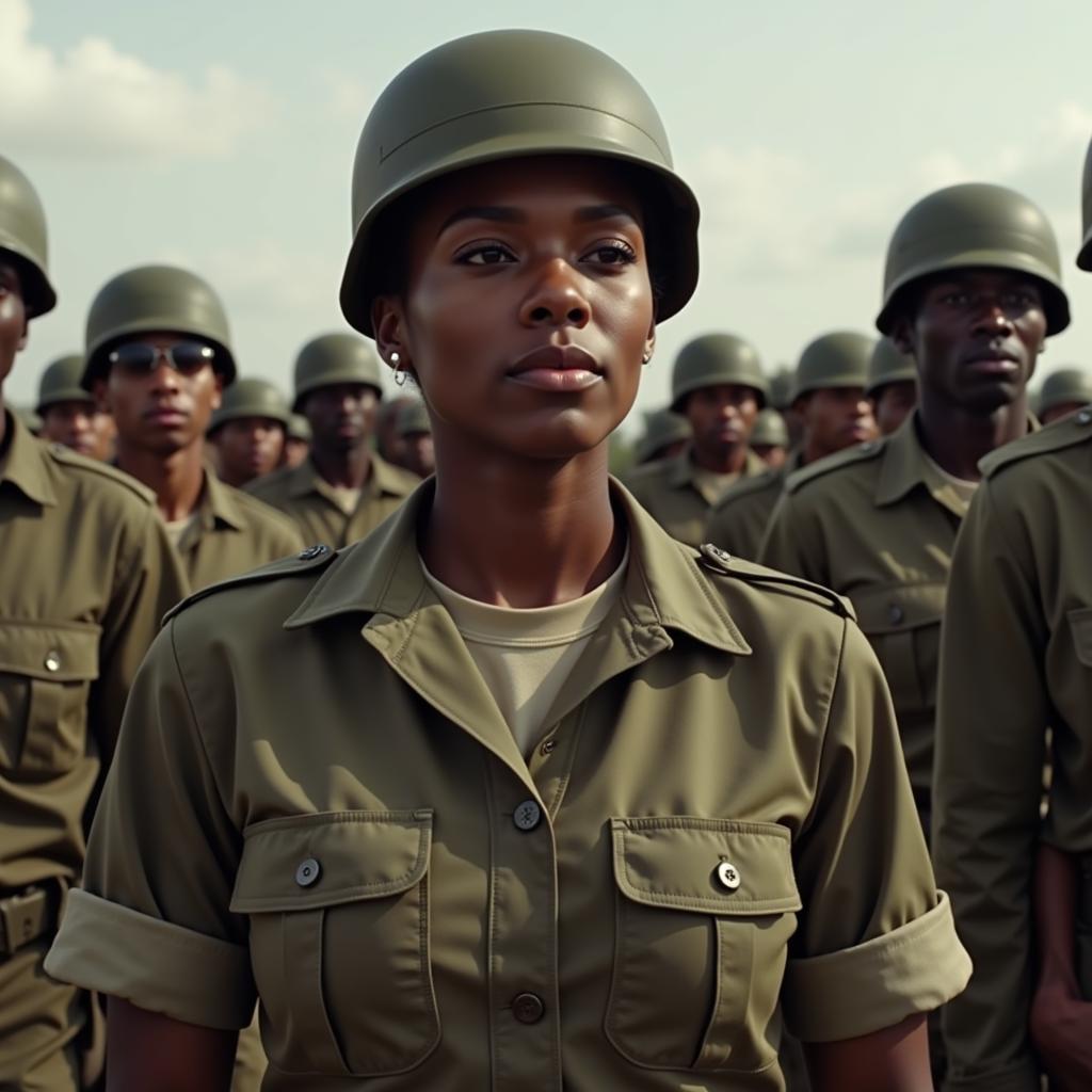 An African American female officer leads a diverse group of soldiers