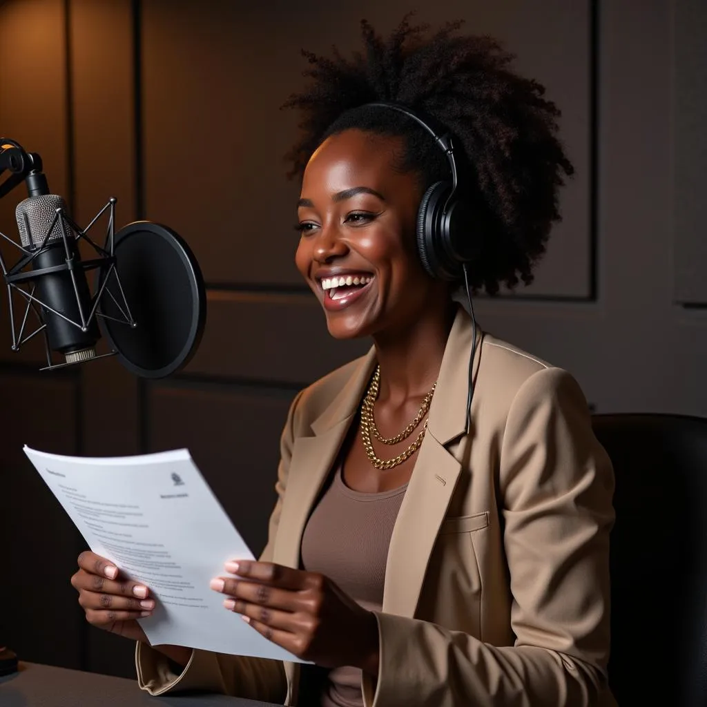 An African American female voice actor recording lines in a professional studio.