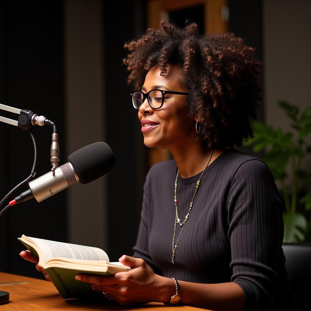 African American female voice over artist engrossed in recording an audiobook