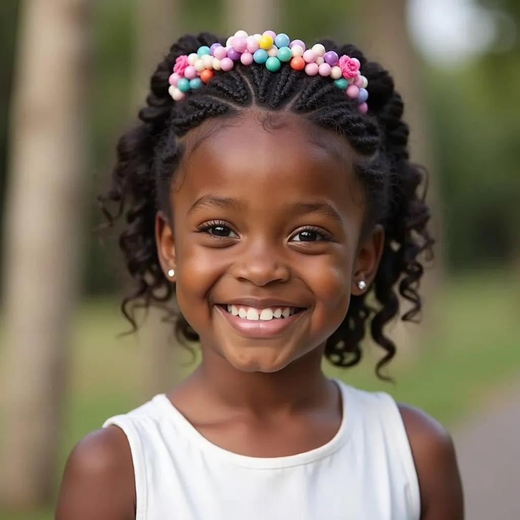 African American Flower Girl with Braided Crown and Beads