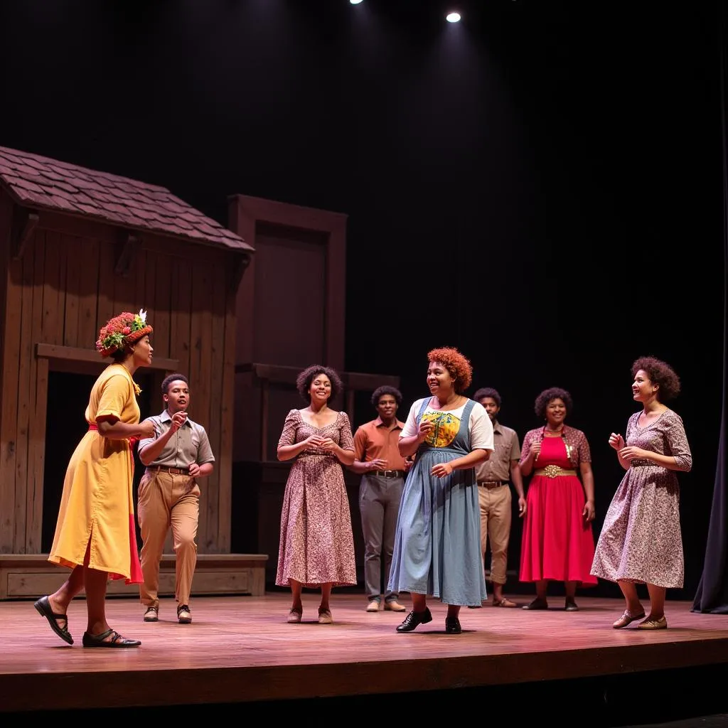 A vibrant scene of a stage performance based on African American folktales