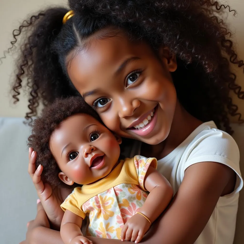 African American Girl Holding Her Lifelike Baby Doll