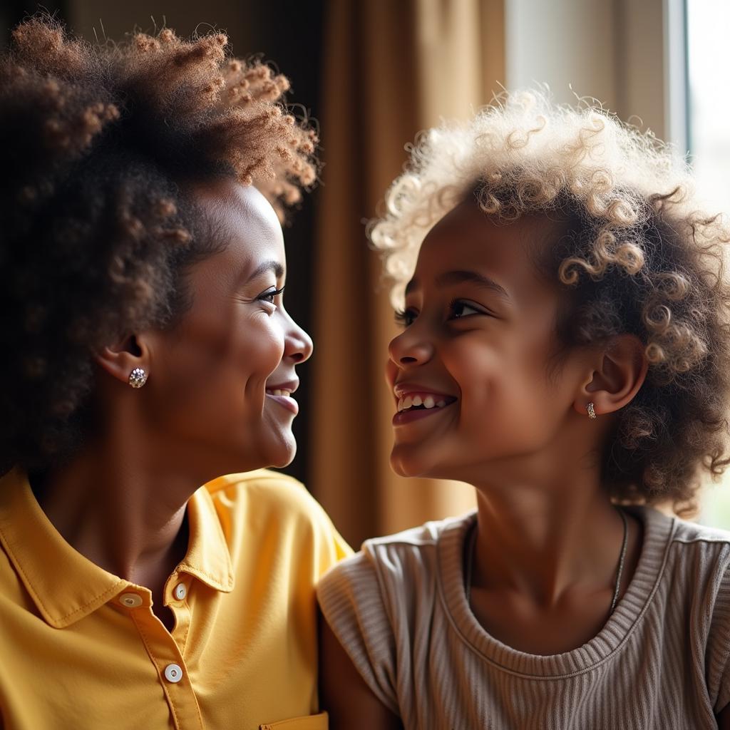 An African American grandmother and granddaughter sharing a moment, their eyes meeting.