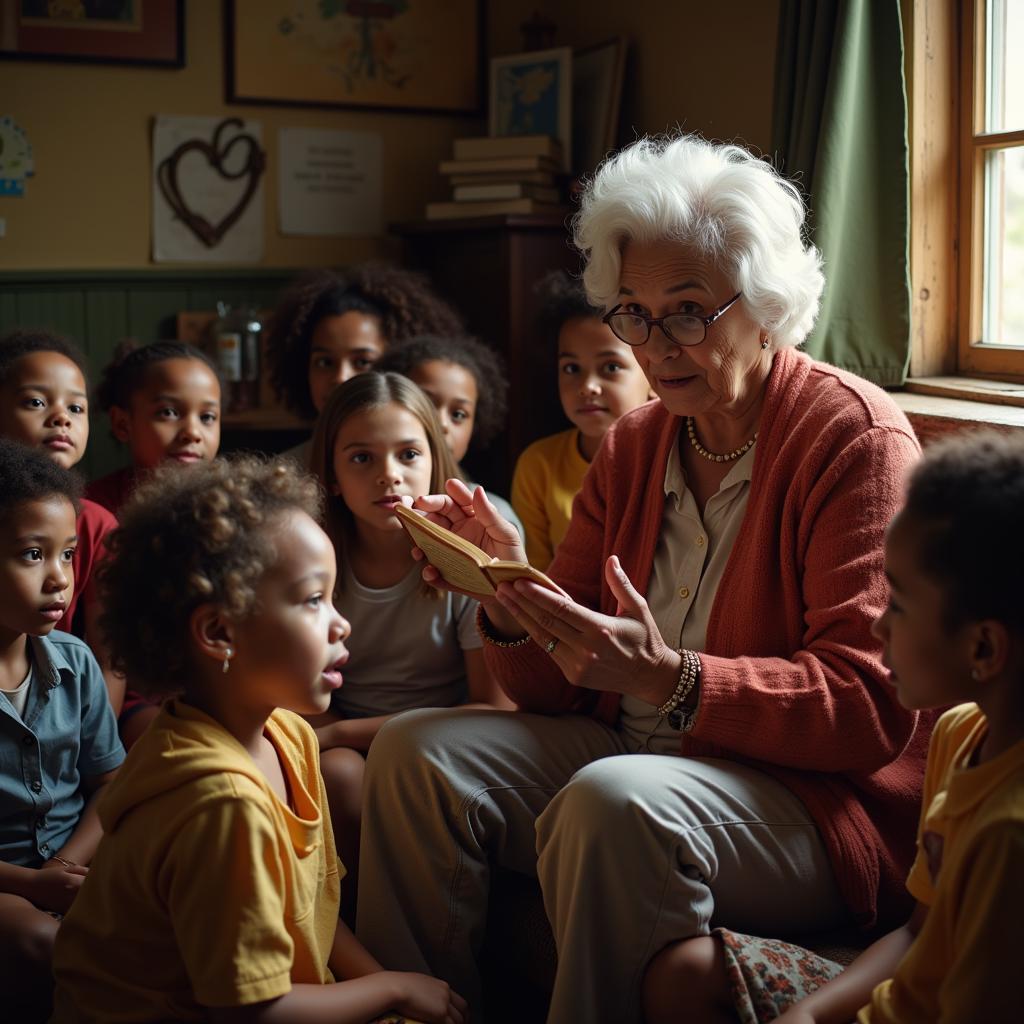 Grandmother sharing stories with children