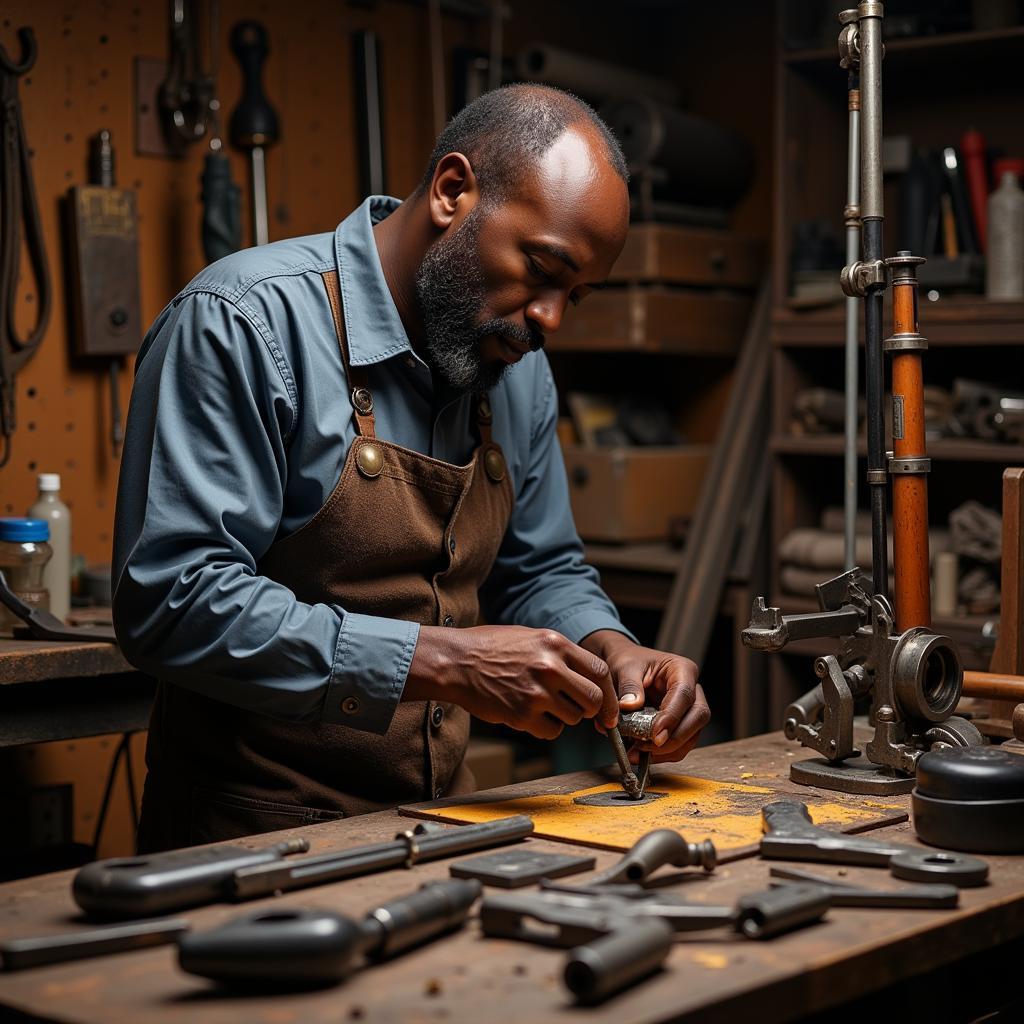 African American gunsmith meticulously crafting a firearm