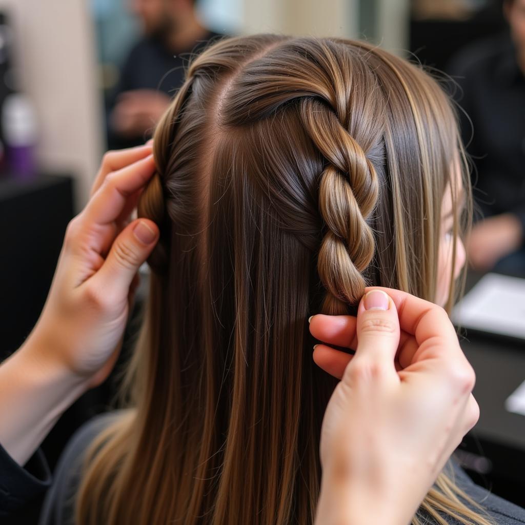 Skilled Stylist Creating Intricate Braids in an Omaha Salon