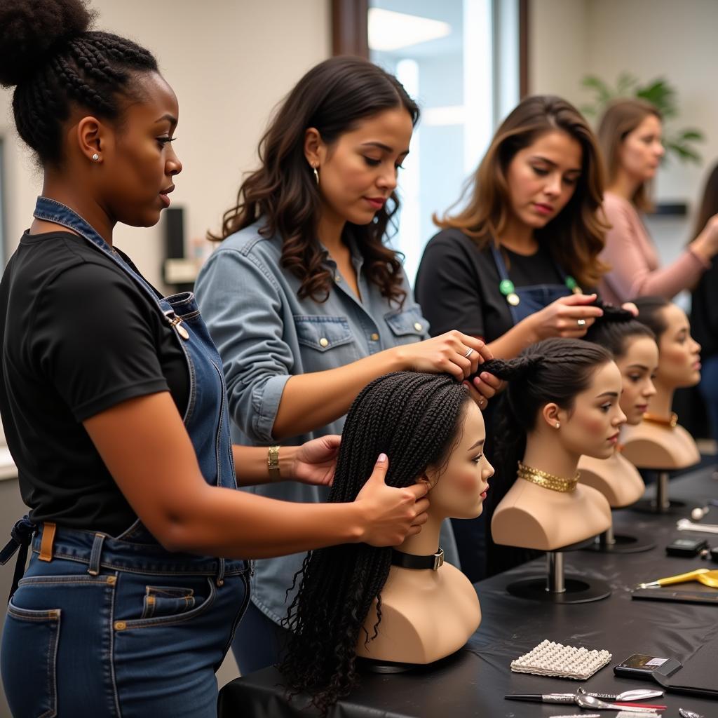 Students Practicing Braids at an African American Hair School