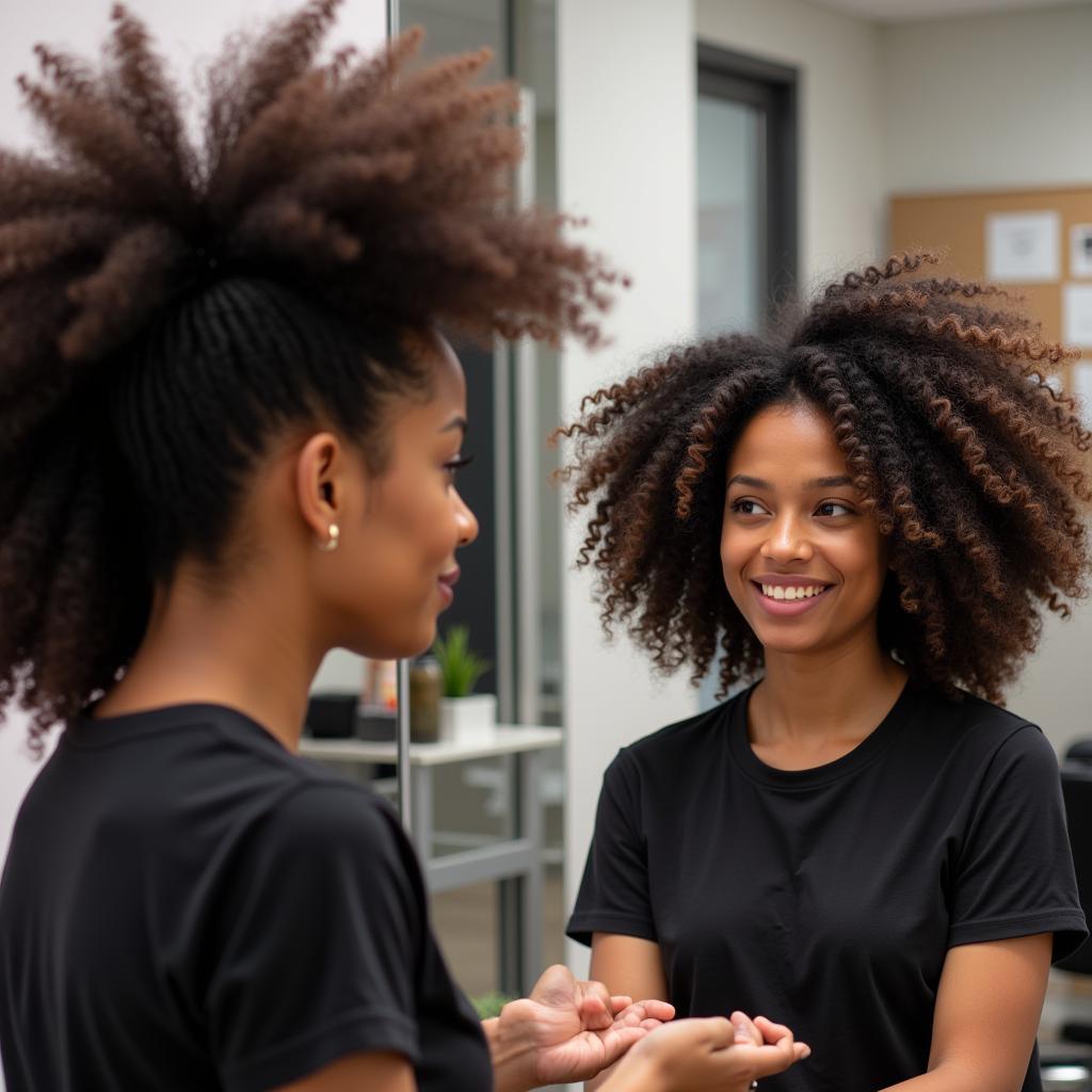 A hair stylist consulting with a client about her hair care