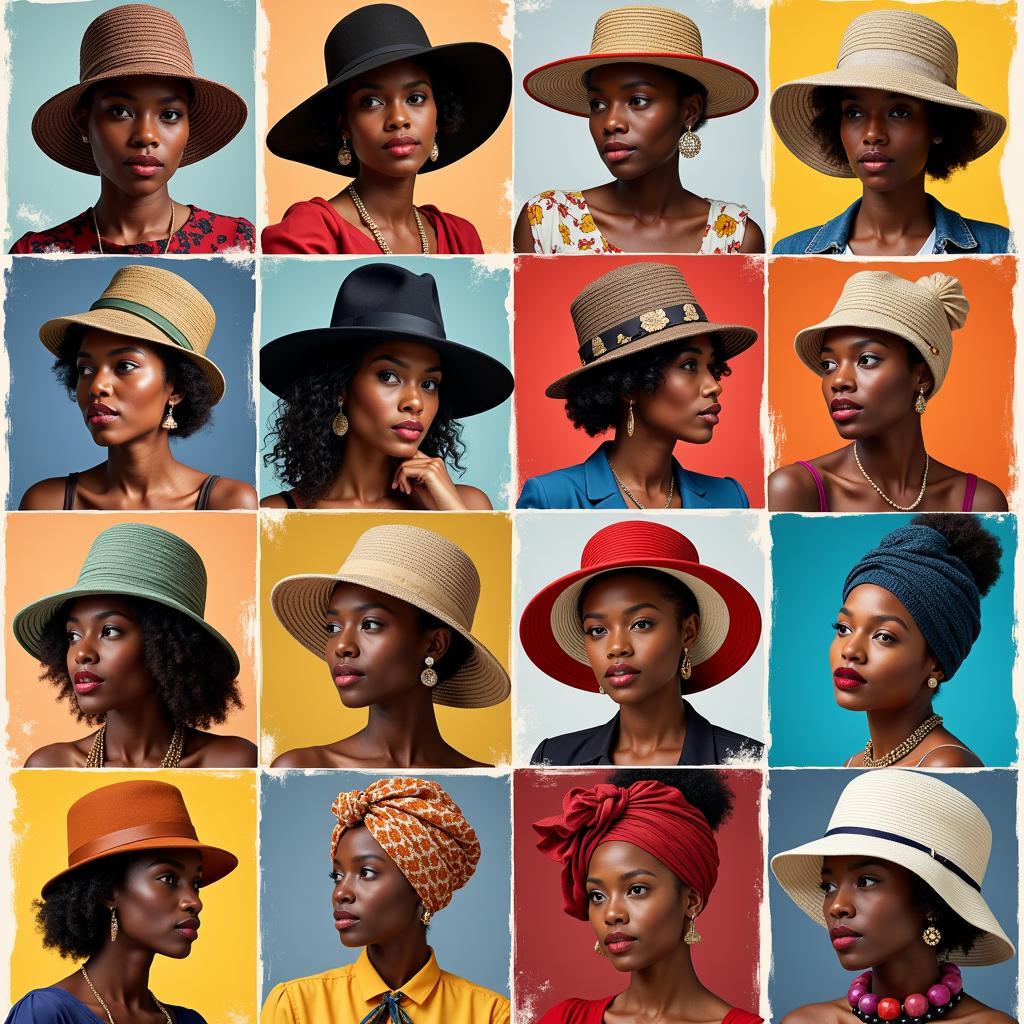 A collage showcasing the diverse styles of African American hats, from wide-brimmed church hats to modern turbans.