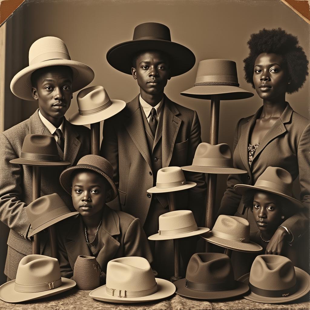 A vintage photo showcasing a diverse array of African American hats from different eras