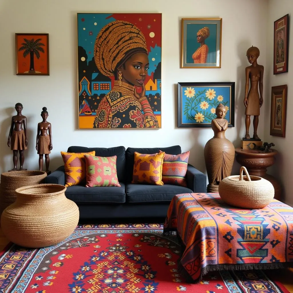 An array of home decor items like woven baskets, textiles, sculptures and paintings are displayed on an African American home decor website