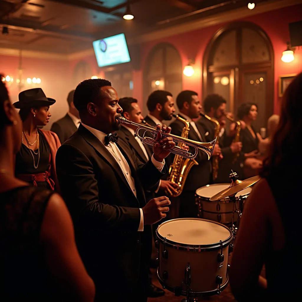 African American jazz musicians performing in a 1920s nightclub