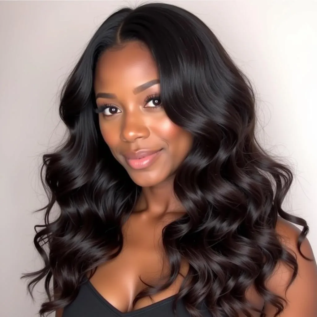 An African American woman with long layered hair