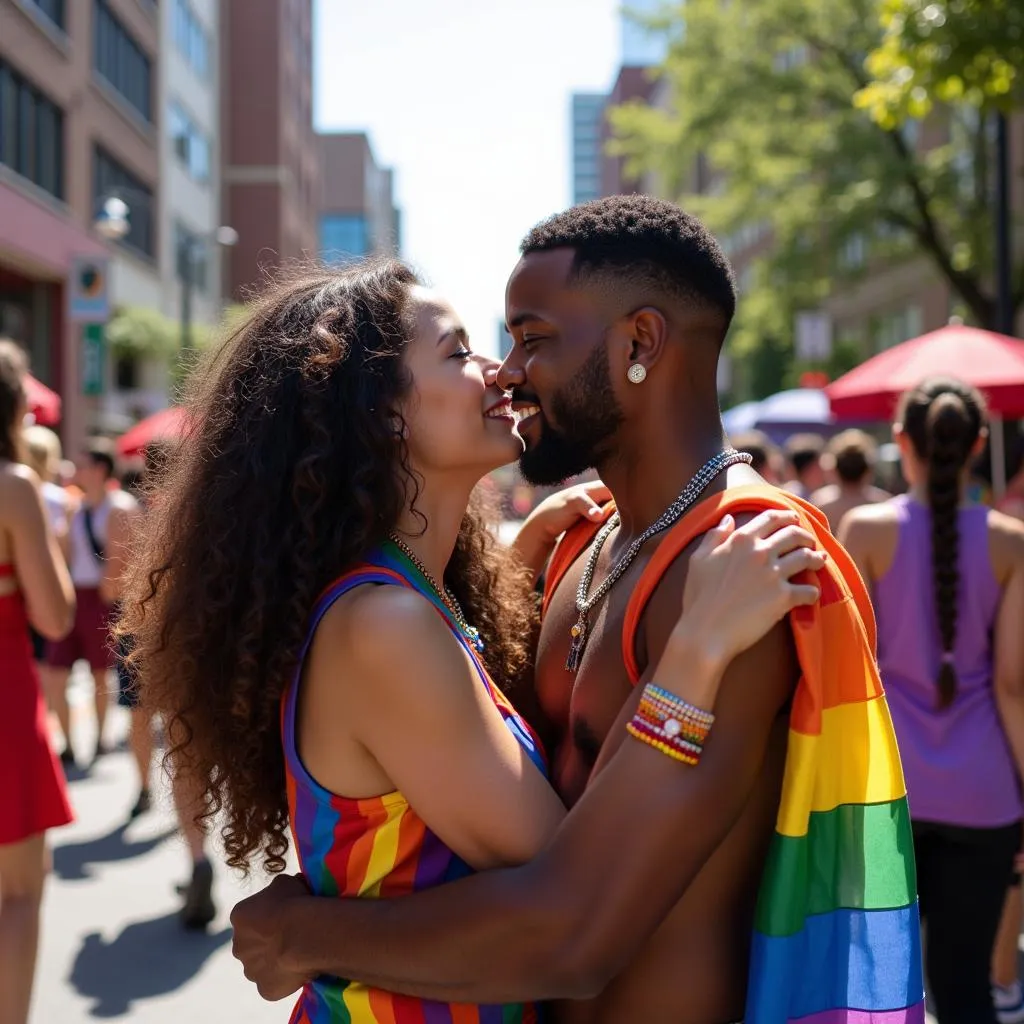 African American LGBTQ+ Couple Embracing at Pride Parade