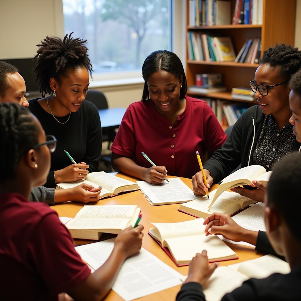 A group of students deeply engrossed in analyzing literary works