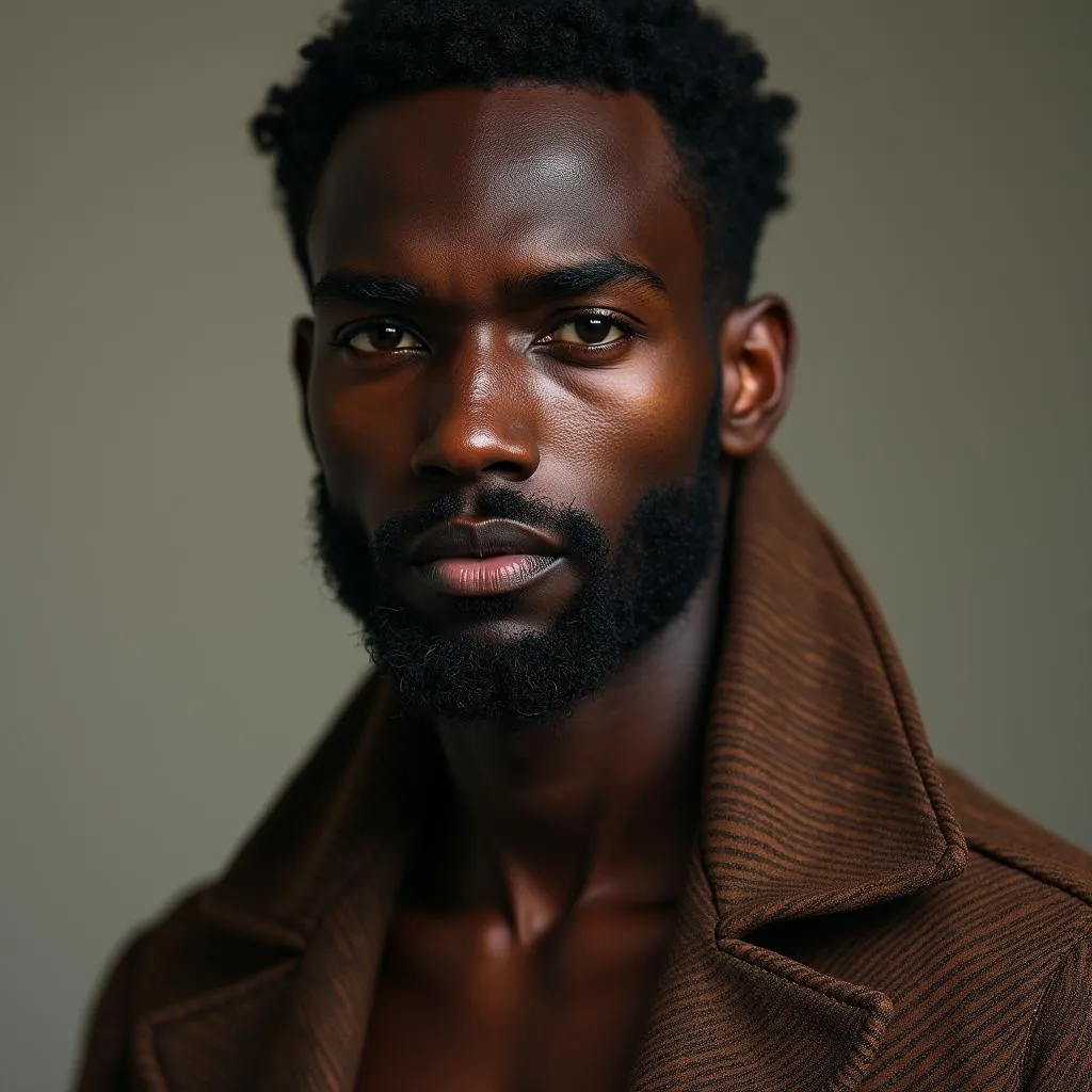 Close-up of an African American male model posing for a high-fashion editorial shoot.