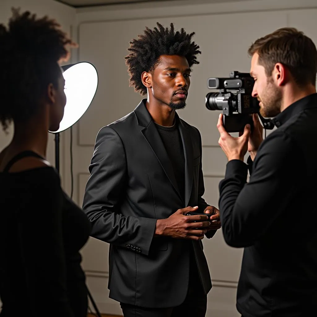 African American model striking a pose in a professional studio